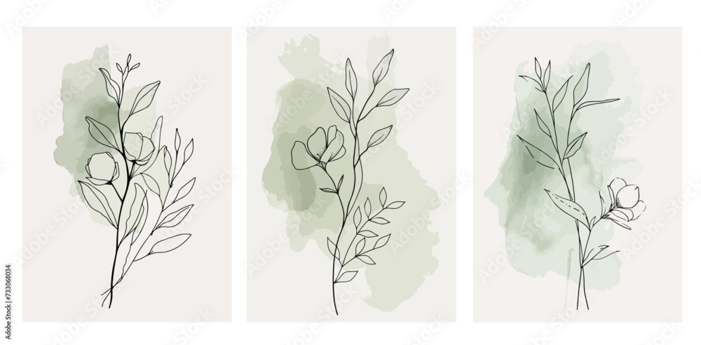 Wall mural minimal hand-drawn line art flower vector illustrations with watercolor splash - set of 3