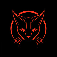 red cat with red eyes on black background. Devil cat, evil cat, warrior cat, cat logo illustration.