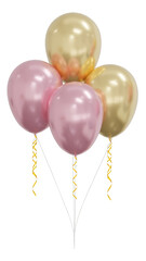Realistic  pink and gold balloons isolated on white background. Helium balloons clipart for anniversary, birthday, wedding, party. 3d png illustration.