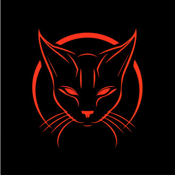red cat with red eyes on black background. Devil cat, evil cat, warrior cat, cat logo illustration.