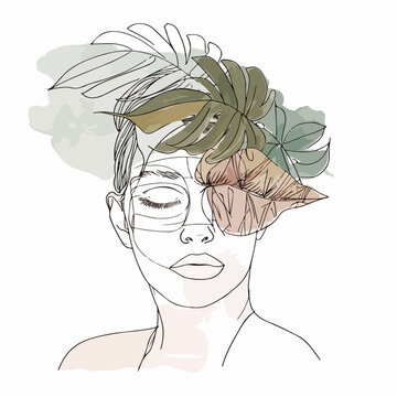 woman with flowers line art illustration.