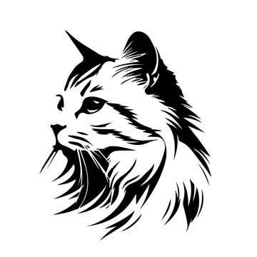 cat silhouette. furry cat, persian cat. cat tattoo illustration.