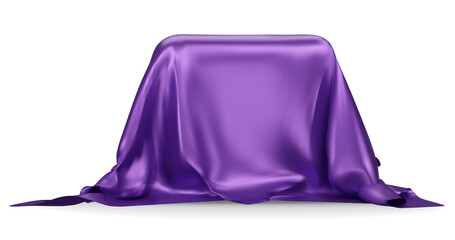 Podium covered with a piece of purple silk isolated on  background. Realistic box covered with purple cloth. Podium for product, cosmetic presentation. Creative mock up. 3d png illustration. - obrazy, fototapety, plakaty