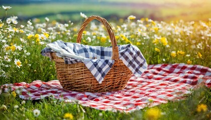 checkered picnic duvet with empty basket on the blossoming meadow