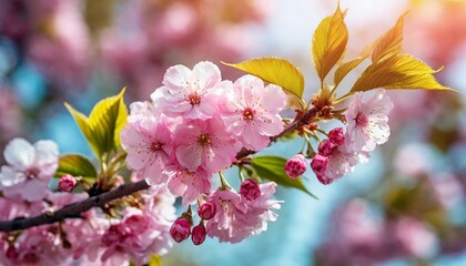 a branch of a pink cherry full blossoms flowers wallpaper background a close up cherry blossom tree with pink flowers - Powered by Adobe