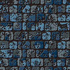 Seamless blue camouflage brick stone wall pattern with cracked destroyed old stones. Geometric background for fabric, textile. Grunge style.