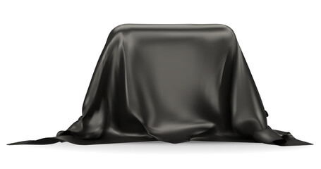 Podium covered with a piece of black silk isolated on  background. Realistic box covered with dark cloth. Podium for product, cosmetic presentation. Creative mock up. 3d png illustration.