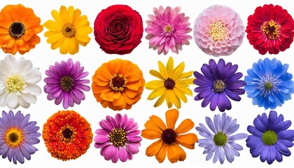 big collection of various head flowers orange purple yellow pink blue and red isolated on white background perfectly retouched full depth of field on the photo top view flat lay