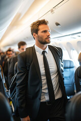 Business professional traveling by airplane