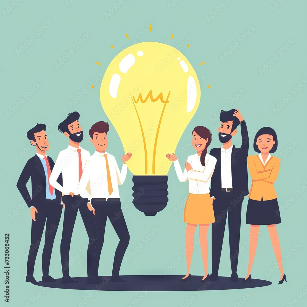 Poster teamwork and brainstorming concept with businessmen that share a big idea with a lamp. generative ai