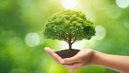 eco earth day concept hand holdig big tree growing on green background