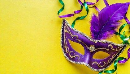 mardi gras concept congratulation card with violet mask on yellow background top view 2023 mardi gras parade schedule mockup copy space