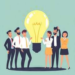 Teamwork and brainstorming concept with businessmen that share a big idea with a lamp. Generative AI - 733068432