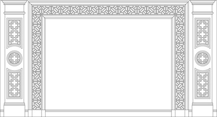 vector design illustration, sketch drawing of a large residential gate design, classic ethnic, vintage, Roman, Greek