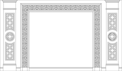 vector design illustration, sketch drawing of a large residential gate design, classic ethnic, vintage, Roman, Greek