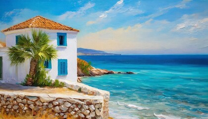 oil painting on canvas house near the sea summer canvas greek