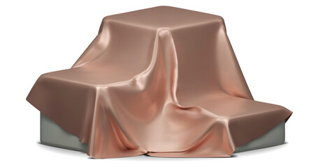 Set of Podium covered with a piece of Pink peach silk isolated on background. Realistic box covered with cloth. Podium for product, cosmetic presentation. 3d png illustration.