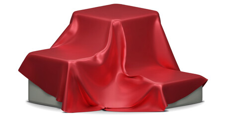 Set of Podium covered with a piece of red silk isolated on background. Realistic box covered with cloth. Podium for product, cosmetic presentation. 3d png illustration.