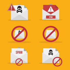 Spamming mailbox icon set. Email hacking and spam warning symbol.