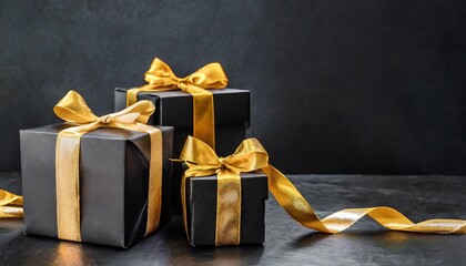 black friday cyber monday black christmas boxes with golden ribbon on black background with copy space for text with technology