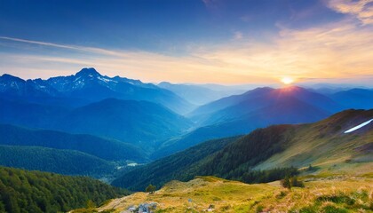 Fototapeta na wymiar beautiful layered blue mountains transitioning into the sunset horizontal