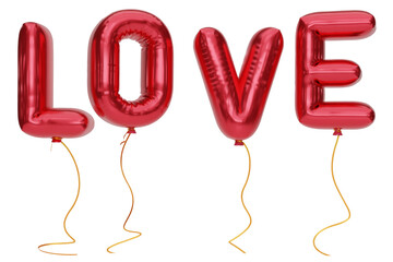 Fototapeta premium 3D gold letter love balloons. Love golden characters balloons in the air. For celebration, party, date, invitations, event, card, and Valentine's Day. 3d png illustration
