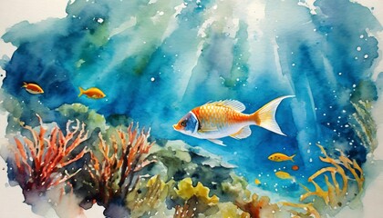Obraz na płótnie Canvas fish underwater life watercolor painting illustration
