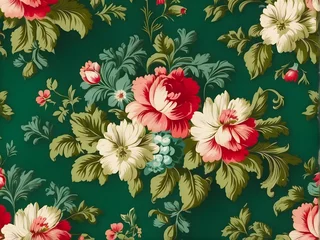 Foto op Plexiglas Vintage Elegance: Classic Floral Wallpaper on Green Background. generative AI © EVISUAL