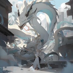 Majestic White Dragon and Warrior in a Futuristic Cityscape