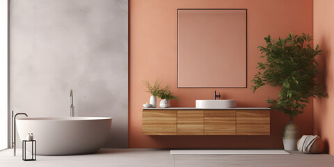 Modern minimalist bathroom interior, pink bathroom cabinet, white sink, wooden vanity, interior plants, bathroom accessories, orange-white bathtub, concrete wall, terrazzo flooring green plant.