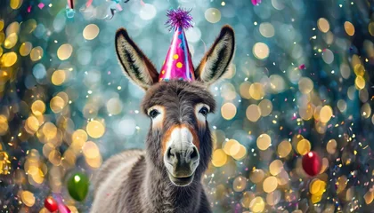 Poster happy cute animal friendly donkey wearing a party hat celebrating at a fancy newyear or birthday party festive celebration greeting with bokeh light and paper shoot confetti surround party © Richard