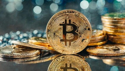 close up photo of bitcoin crypto currency - obrazy, fototapety, plakaty