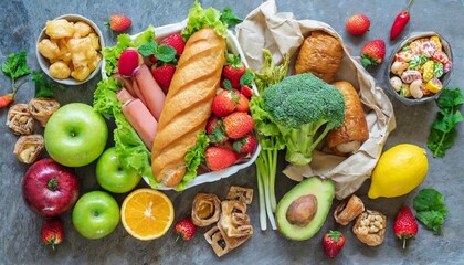 healthy and unhealthy food background from fruits and vegetables vs fast food sweets and pastry top view diet and detox against calorie and overweight lifestyle concept - obrazy, fototapety, plakaty