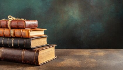 literature reading concept banner or header image with stack of antique leather bound books against...