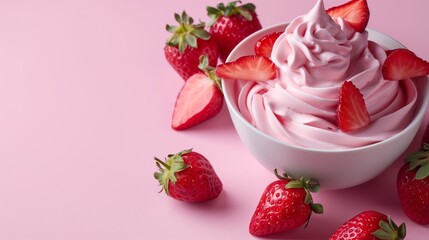 A banner with strawberry pink yogurt or ice cream in a white ceramic bowl and strawberries on a solid pink background.