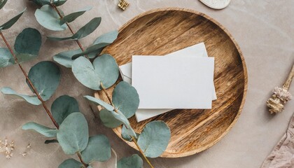 blank business card invitation mockup wooden plate tray beige table background with dry eucalyptus leaves branch moody wedding composition stationery office supply flatlay top no people