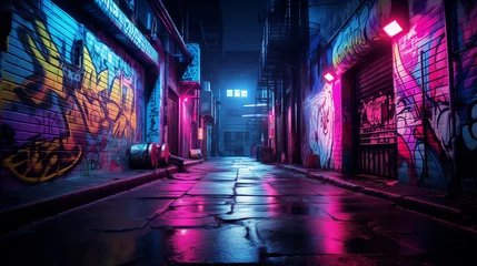 Foto op Plexiglas Vibrant graffiti art illuminates a dark alley with psychedelic neon colors. © Miracle Arts