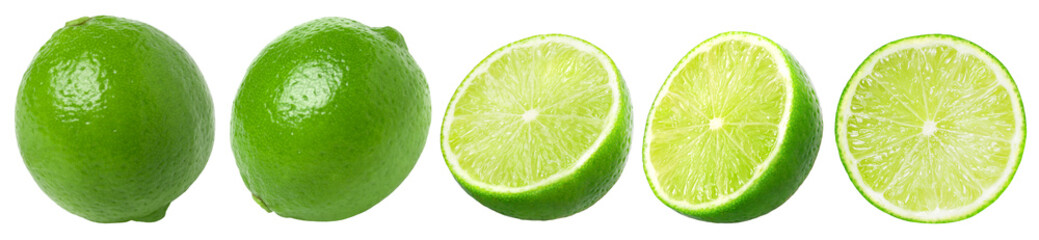 Natural fresh lime, half and slice isolated, transparent PNG, PNG format