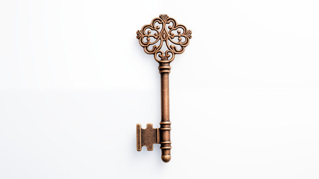 Antique Ornamental Key with Intricate Design Isolated on White