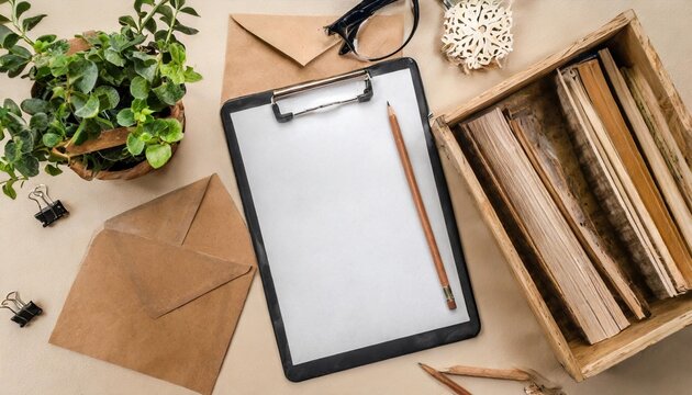 clipboard tablet pad with blank paper sheet on beige table artist home office desk workspace with wooden casket pencil envelopes and stationery flat lay top view mockup with empty copy space