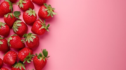 A banner with strawberries on a pink background. Horizontal photo with strawberries on the side, copy space, top view.