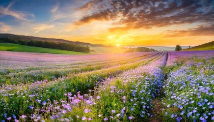 beautiful panorama rural landscape with sunrise and blossoming meadow purple flowers flowering on...
