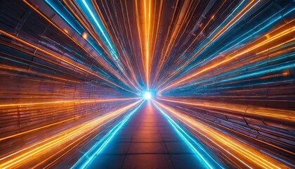 hyperspace journey zooming through a tunnel filled orange and blue neon lights