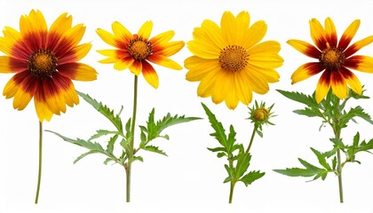botanical collection four yellow flowers isolated on a white background top view lanceleaf coreopsis sunflower heliopsis helianthoid gaillardia elements for creating collage or design postcards - Powered by Adobe