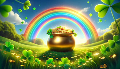A golden pot with a rainbow and green clovers