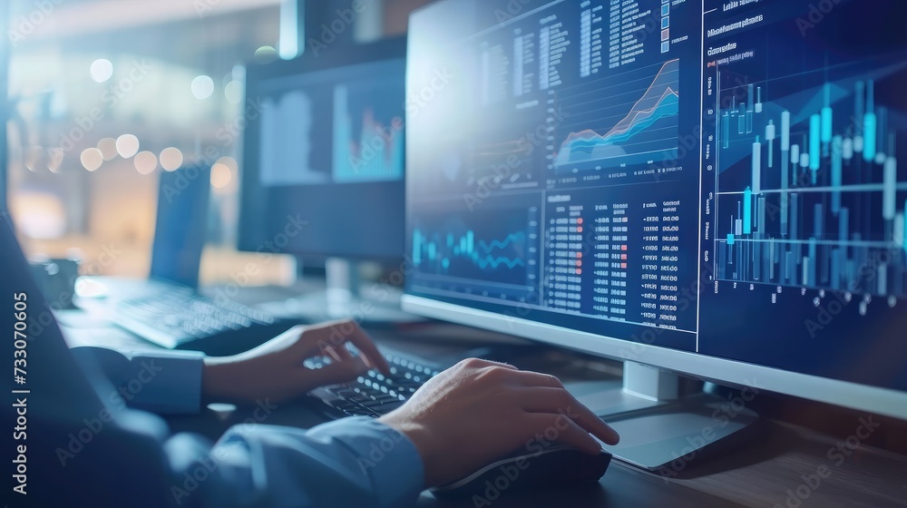 Poster analyst working with business analytics and data management system on computer to make report with k