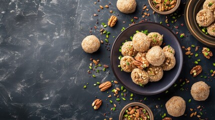 Obraz na płótnie Canvas Arabic sweets. Traditional eid semolina maamoul or mamoul cookies with dates , walnuts and pistachio nuts . Top view, copy space