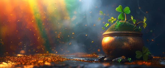 A golden pot with a rainbow and green clovers - obrazy, fototapety, plakaty