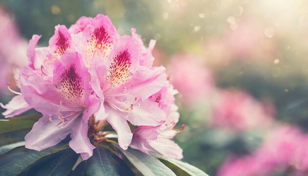 beautiful pink rhododendron blossom background shallow depth soft focus faded colors toned pastel image greeting card template