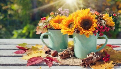 Obraz na płótnie Canvas two cups and autumn decor with flowers sunny day
